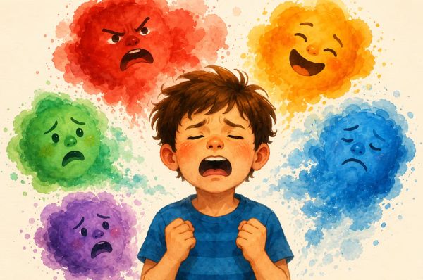a child surrounded by multiple bubbles representing different feelings