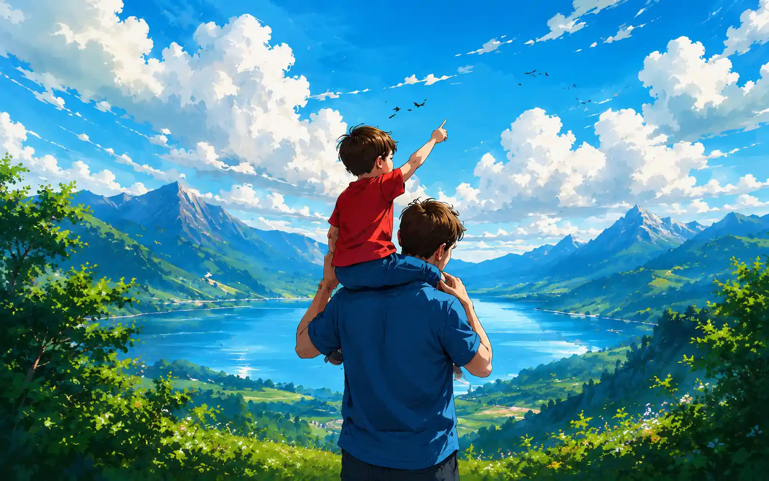 a child sitting on his father's shoulder admiring nature