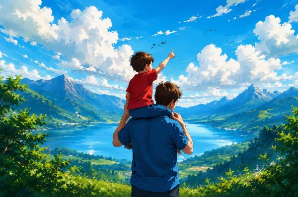 a child sitting on his father's shoulder admiring nature