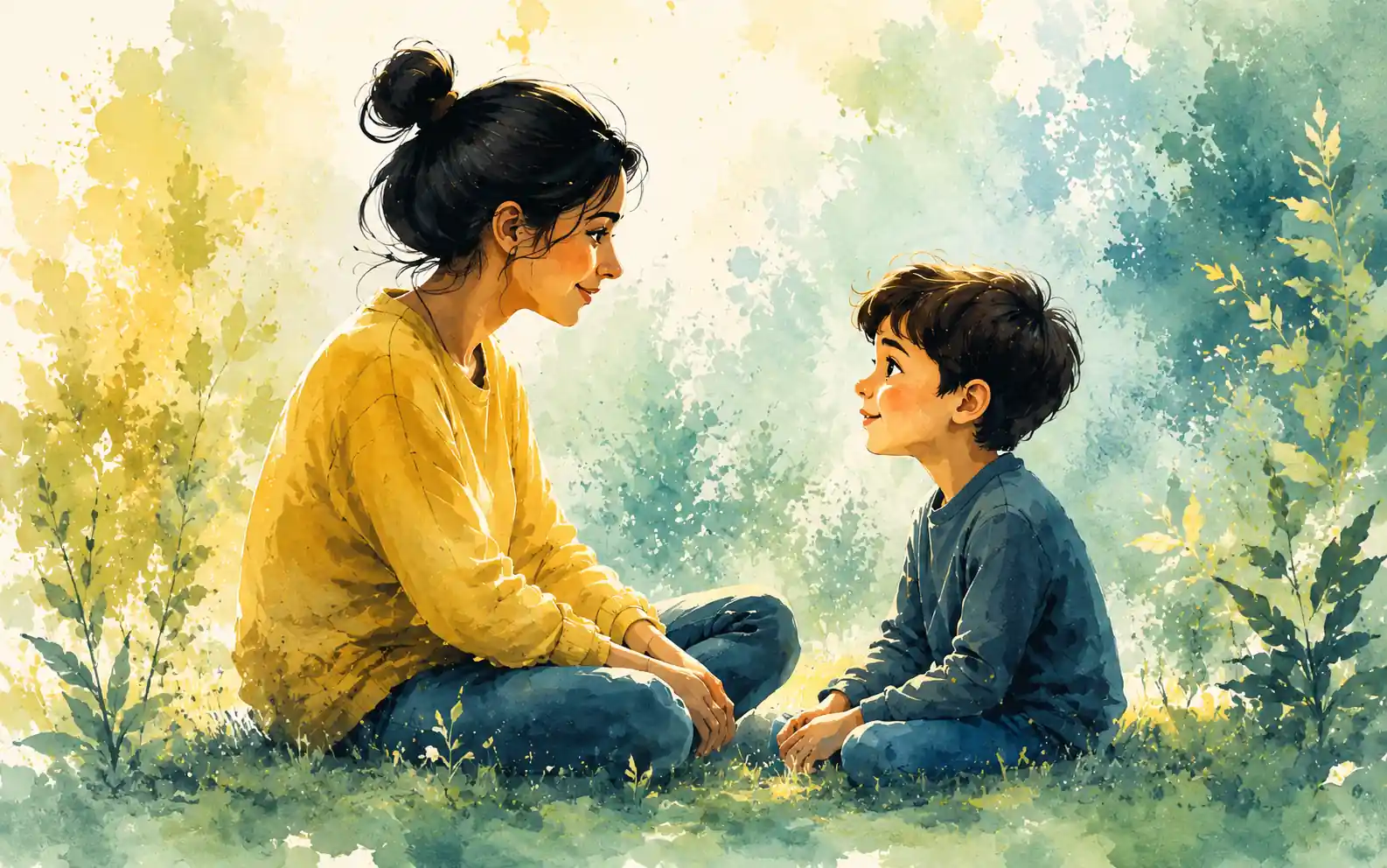 a parent and her child sitting in a beautiful garden conversing