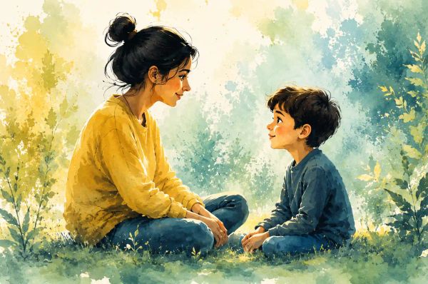 a parent and her child sitting in a beautiful garden conversing