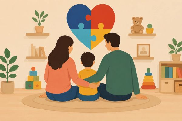Parents and child sitting together on the floor in the living room surrounded by toys