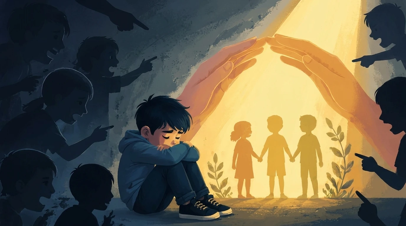 Child sitting surrounded by shadows of children bullying him
