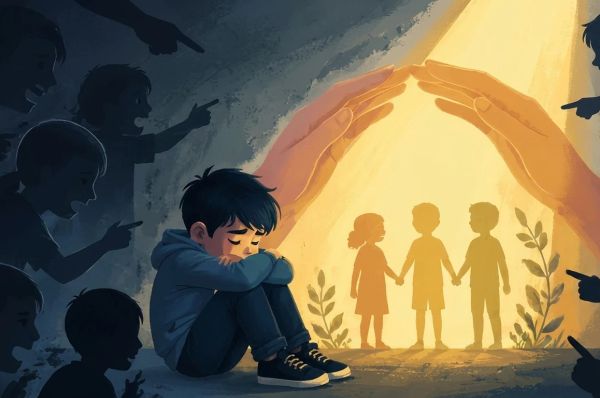 Child sitting surrounded by shadows of children bullying him