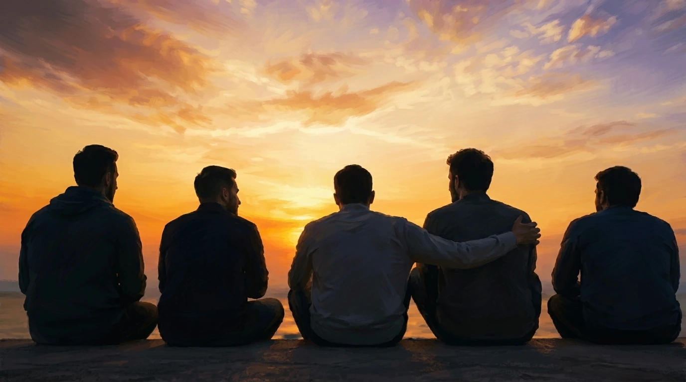 a group of 5 men sitting together watching the sunset