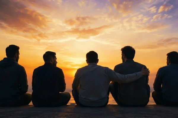 a group of 5 men sitting together watching the sunset