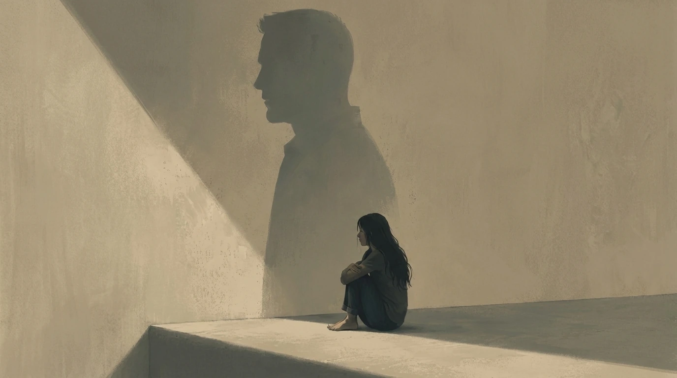young girl sitting alone and beside her is the shadow of her father