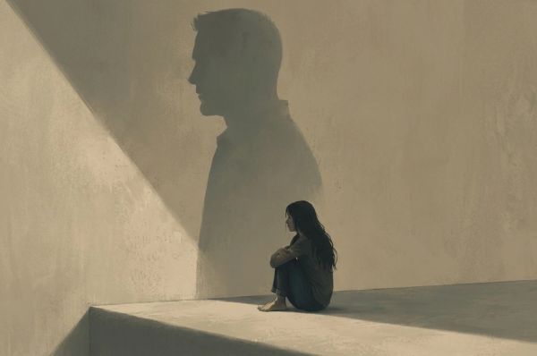 young girl sitting alone and beside her is the shadow of her father