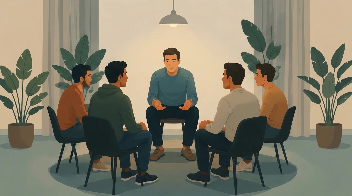 a group of 5 men sitting together in a room conversing