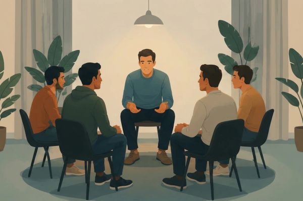 a group of 5 men sitting together in a room conversing