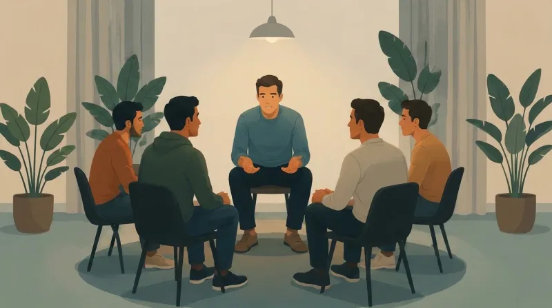 a group of 5 men sitting together in a room conversing