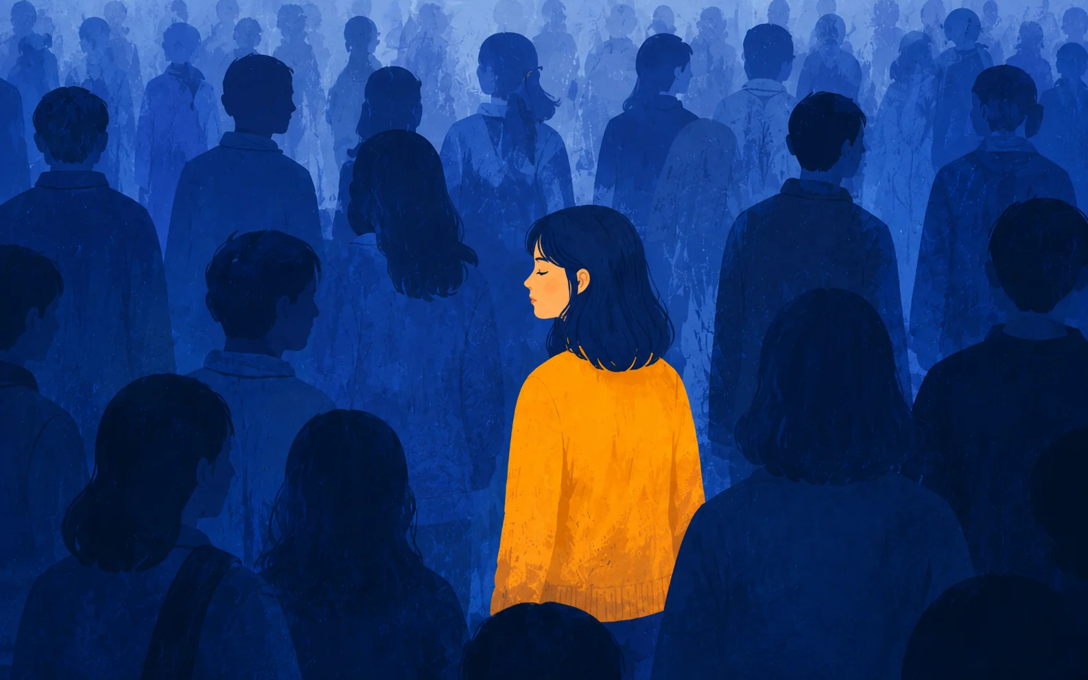 a person standing alone surrounded by a crowd