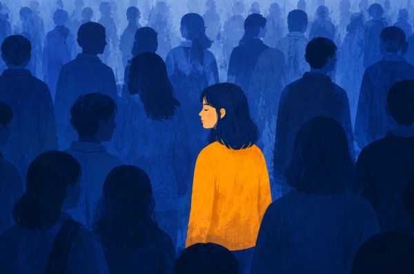 a person standing alone surrounded by a crowd