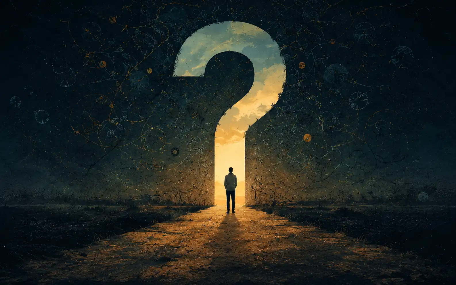 Person standing at the edge of a misty path with a huge question mark in front of him