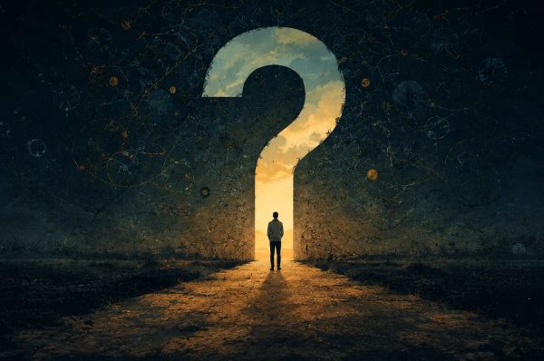 Person standing at the edge of a misty path with a huge question mark in front of him