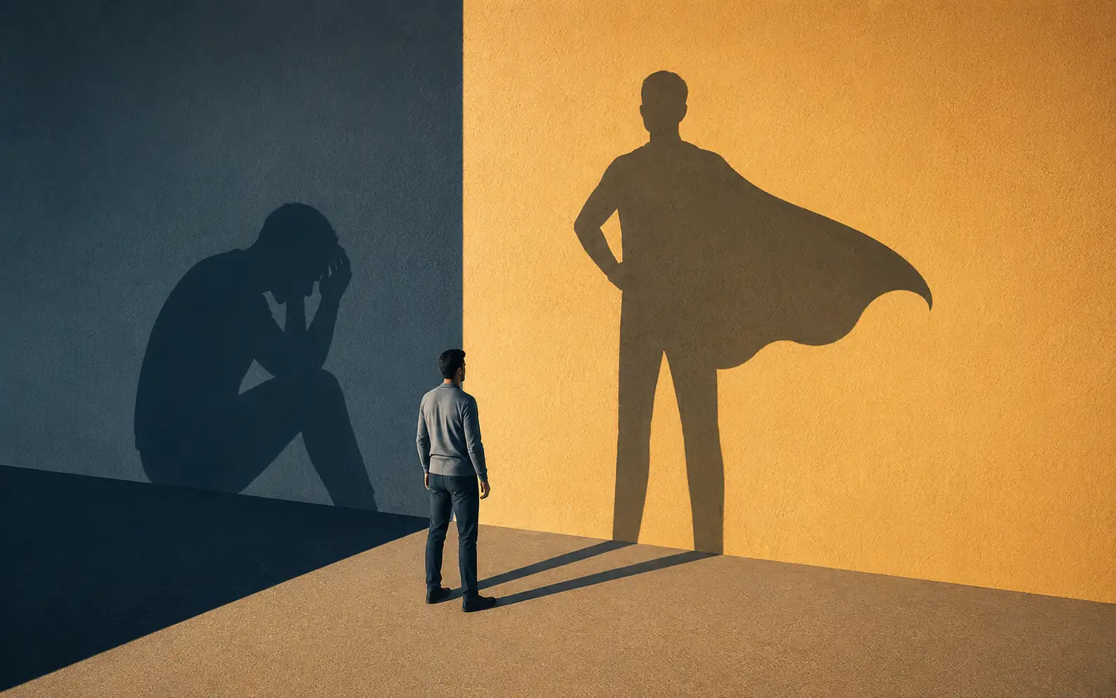 Person standing in front of a wall with two sides, success and failure