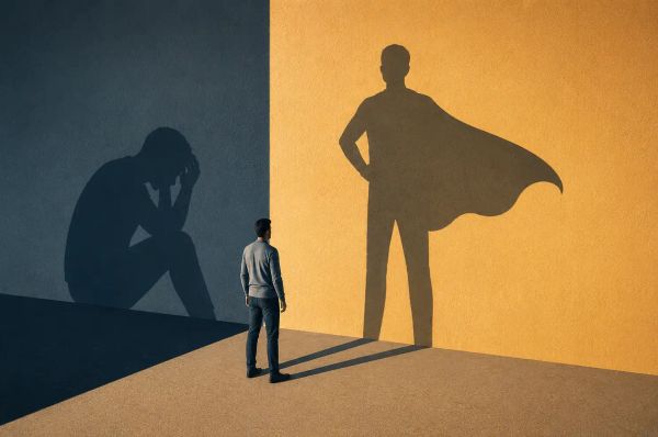 Person standing in front of a wall with two sides, success and failure