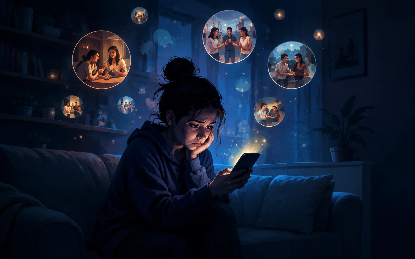 Person scrolling through phone at night with worried expression illuminated by screen glow