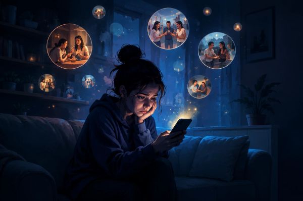 Person scrolling through phone at night with worried expression illuminated by screen glow