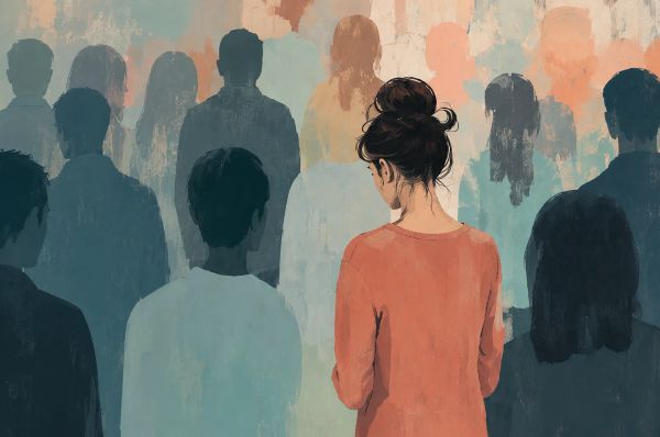 Person standing still and isolated in a crowd