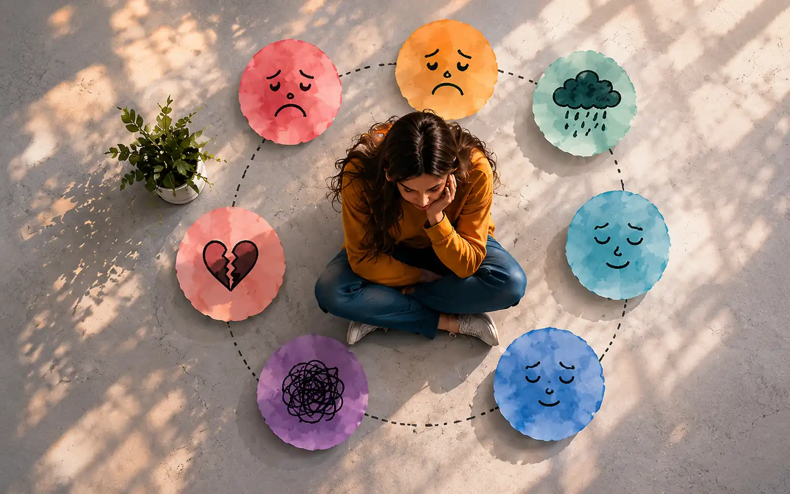 a person sitting down feeling sad surrounded by drawing that represent different causes of sadness