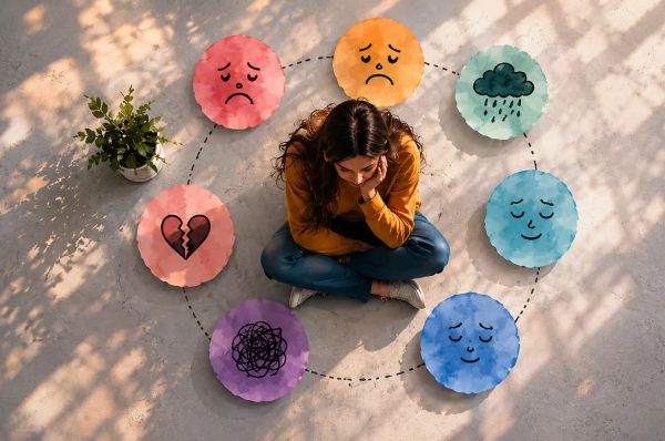 a person sitting down feeling sad surrounded by drawing that represent different causes of sadness