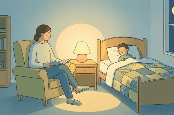 a mother reading a bed-time story to her son to help him overcome his night fears and fall asleep