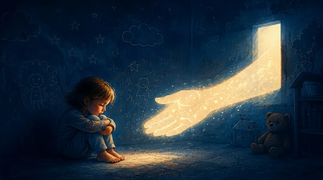 a child sitting alone meanwhile a hand made of light is extended to help