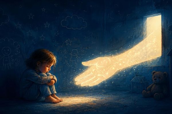 a child sitting alone meanwhile a hand made of light is extended to help