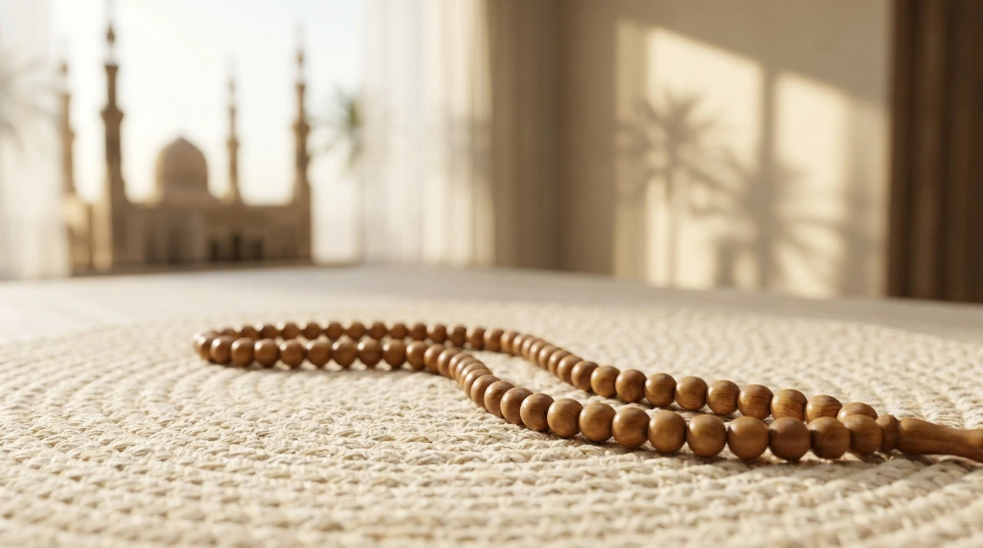 prayer beads and a distant mosque