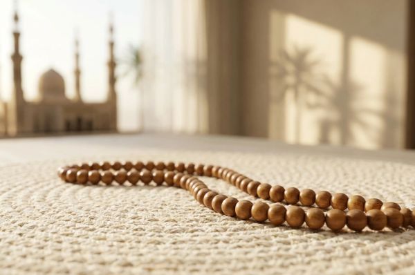 prayer beads and a distant mosque