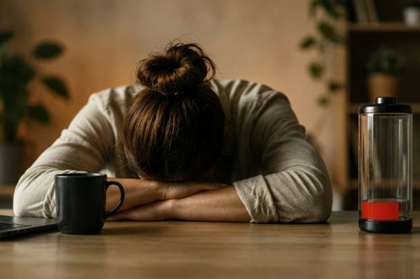 a person sitting in her office feeling exhausted and burnt out