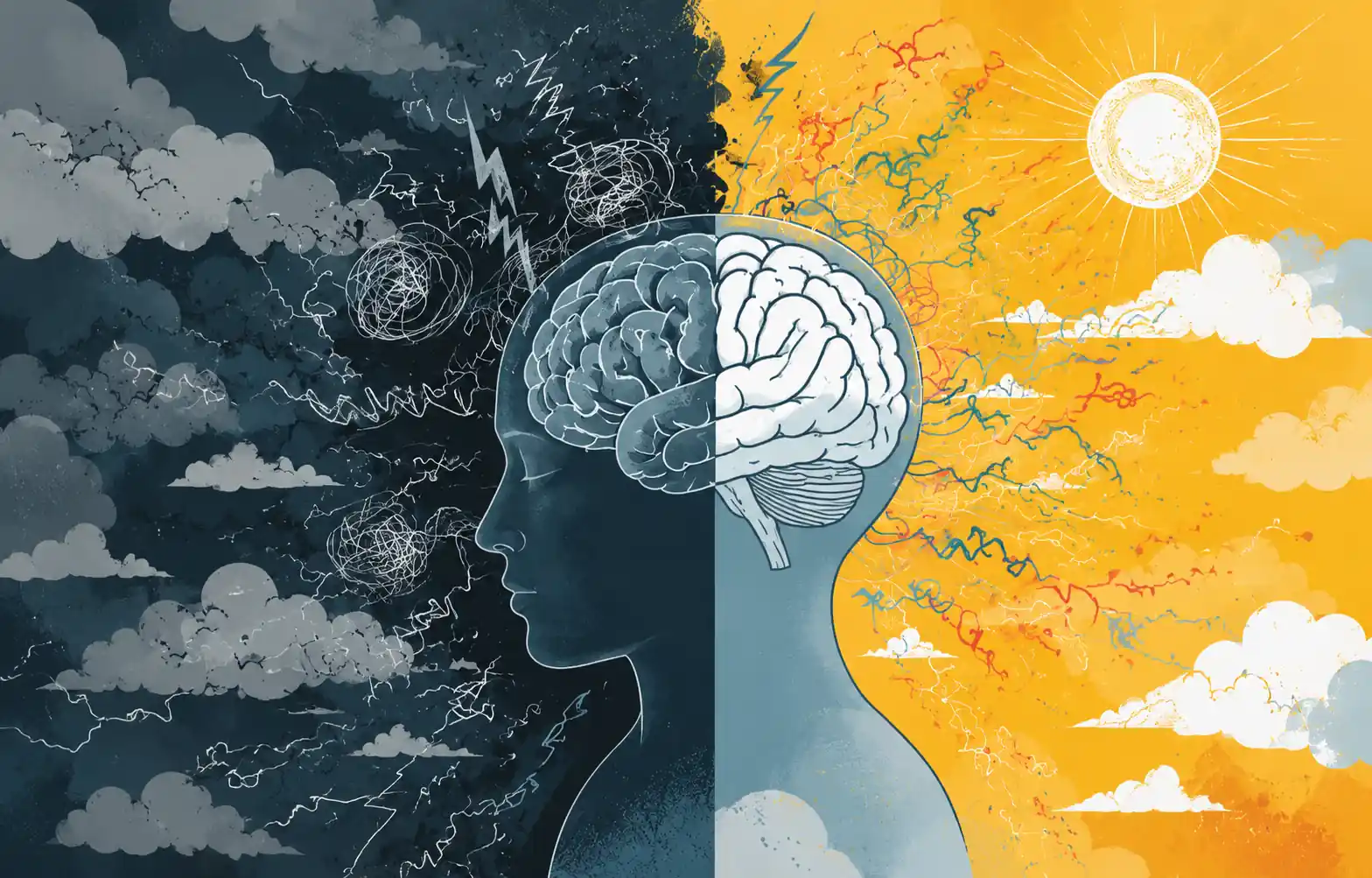a brain image split into two halves one half is in shambles and the other one is bright and healthy