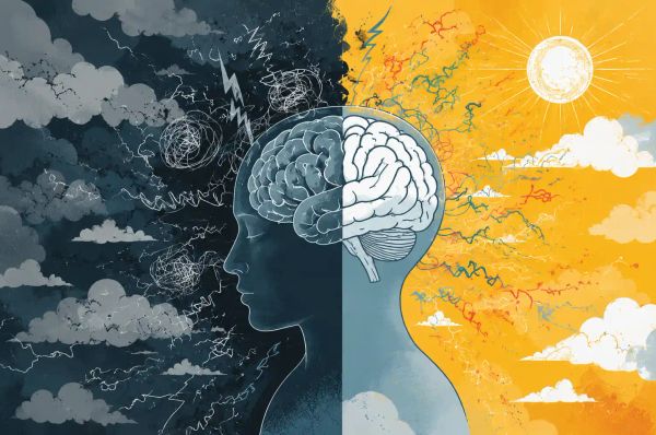 a brain image split into two halves one half is in shambles and the other one is bright and healthy