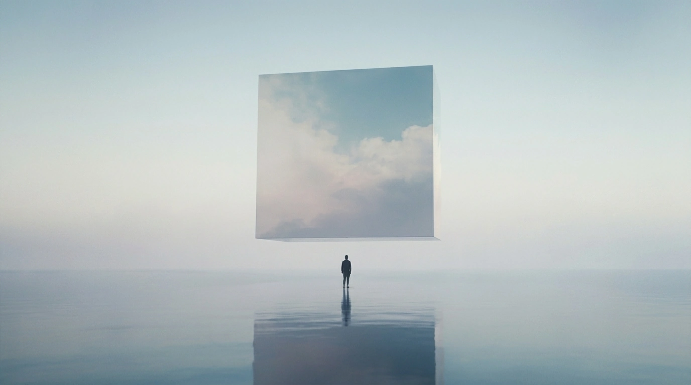 A lone figure stands before a floating sky window in a vast, surreal empty space.