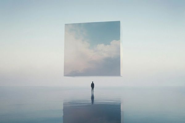 A lone figure stands before a floating sky window in a vast, surreal empty space.