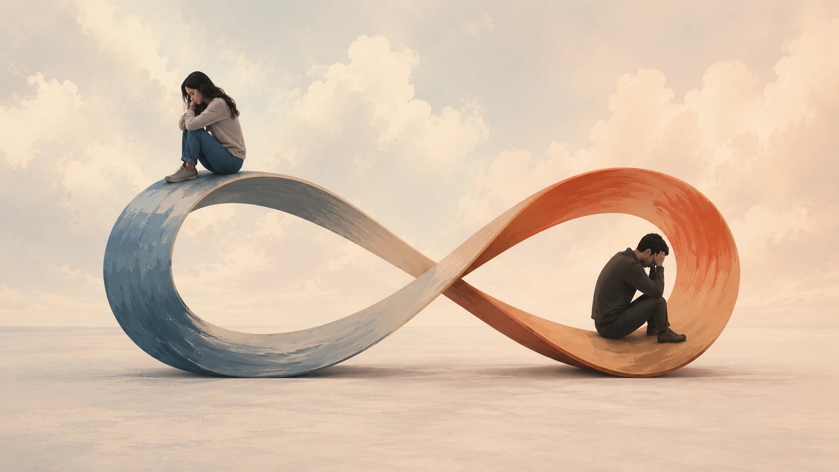 Two people trapped in an endless cycle of emotional distance and anxiety.