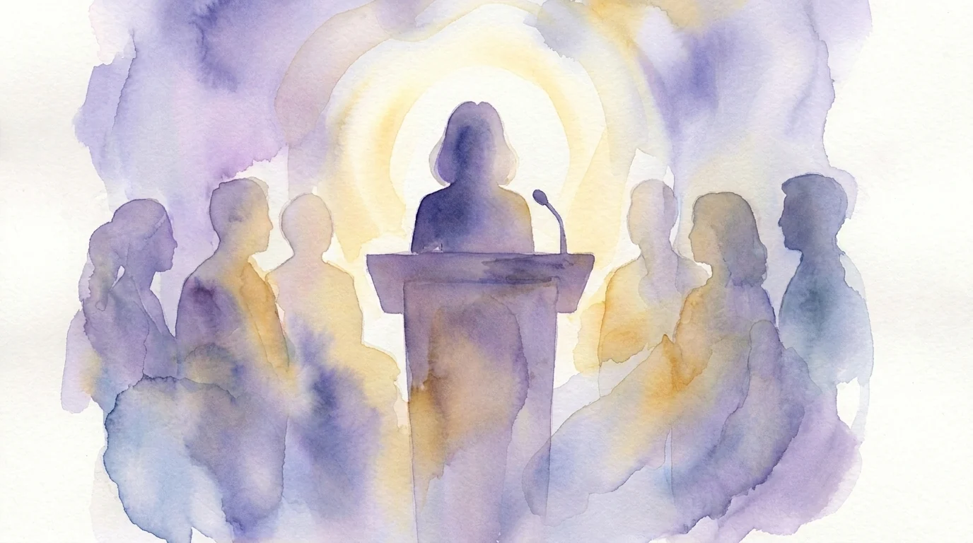 woman standing on a podium giving a presentation while clearly having social anxiety