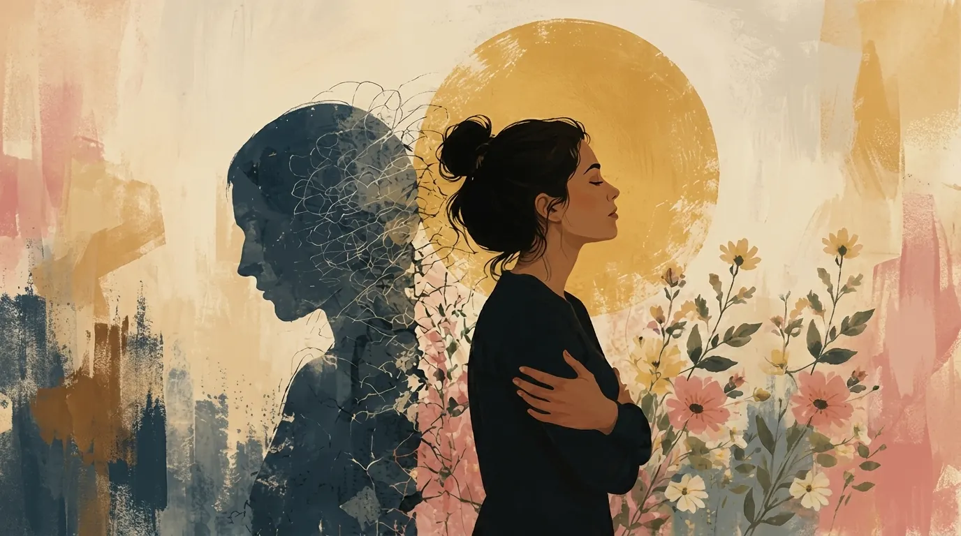 a person surrounded by flowers appears to be moving on from her past traumatic parenting experience
