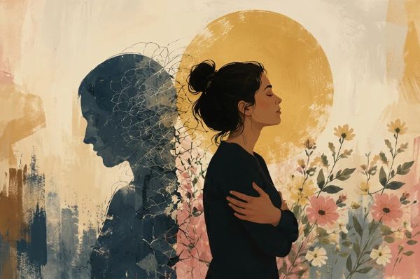 a person surrounded by flowers appears to be moving on from her past traumatic parenting experience