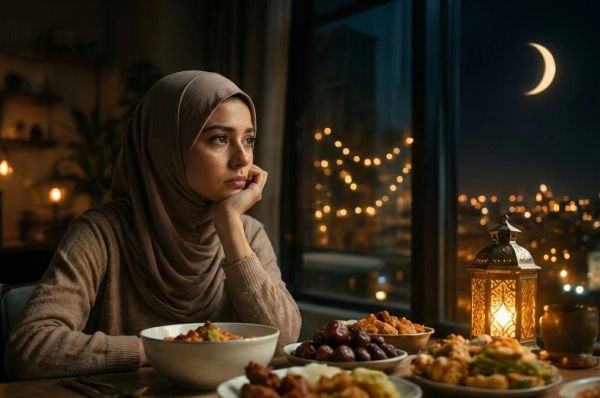 a person sitting at a table at iftar time during ramadan representing emotional eating