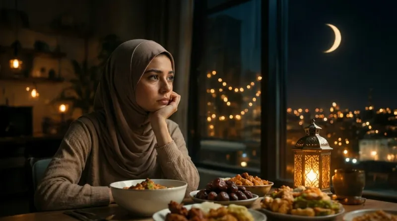 a person sitting at a table at iftar time during ramadan representing emotional eating