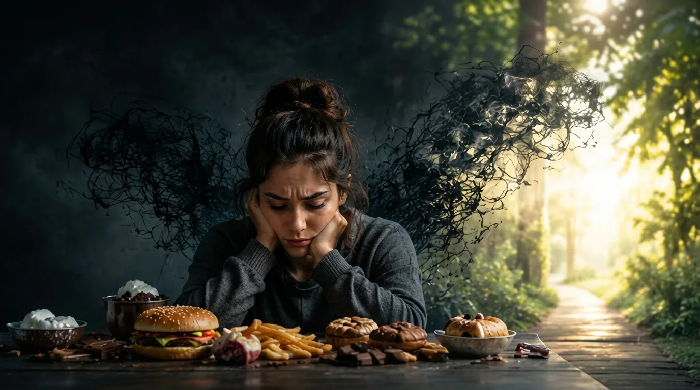 a person sitting in front of a table full of food feeling distressed representing emotional eating