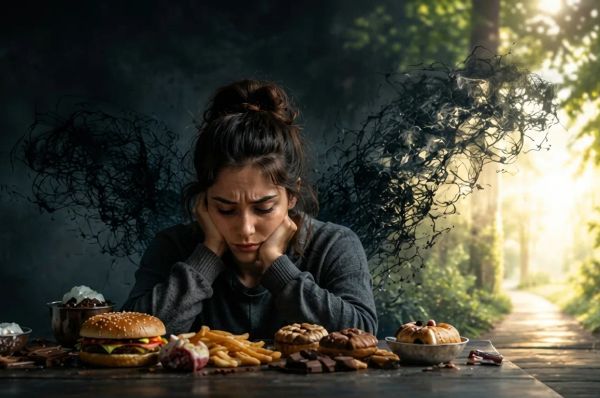 a person sitting in front of a table full of food feeling distressed representing emotional eating