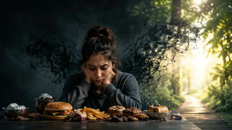 a person sitting in front of a table full of food feeling distressed representing emotional eating