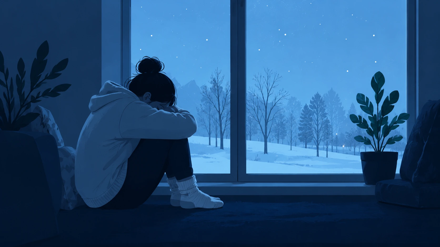 Person sitting by a window on a snowy winter night, reflecting quietly in a blue-toned room.