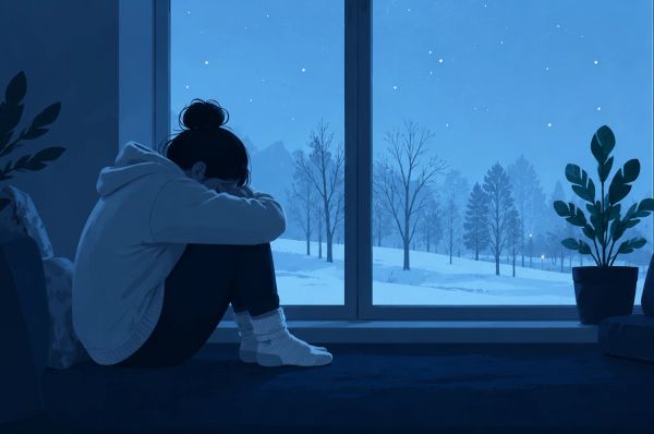 Person sitting by a window on a snowy winter night, reflecting quietly in a blue-toned room.