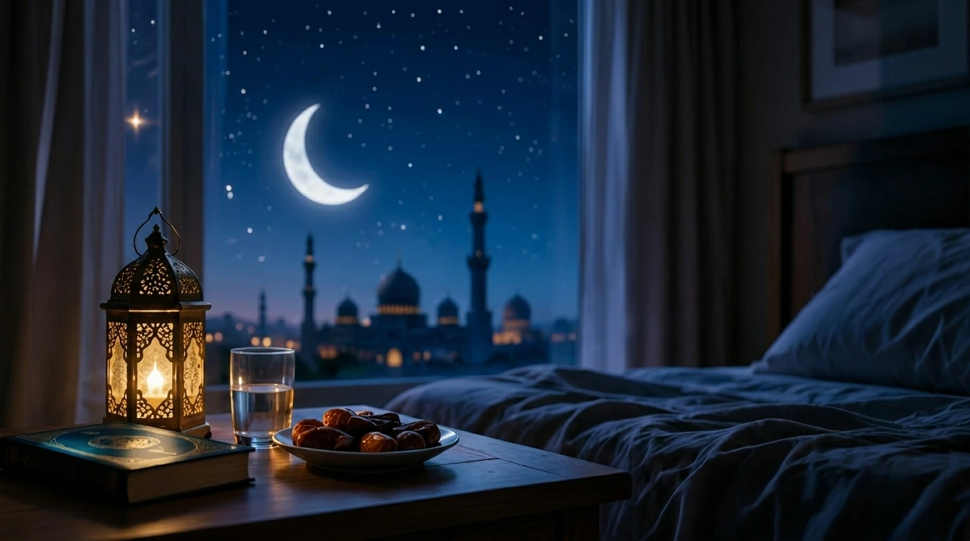 a bedroom view of a mosque and distant ramadan hilal 