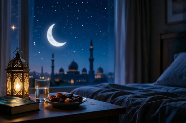 a bedroom view of a mosque and distant ramadan hilal
