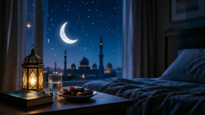a bedroom view of a mosque and distant ramadan hilal